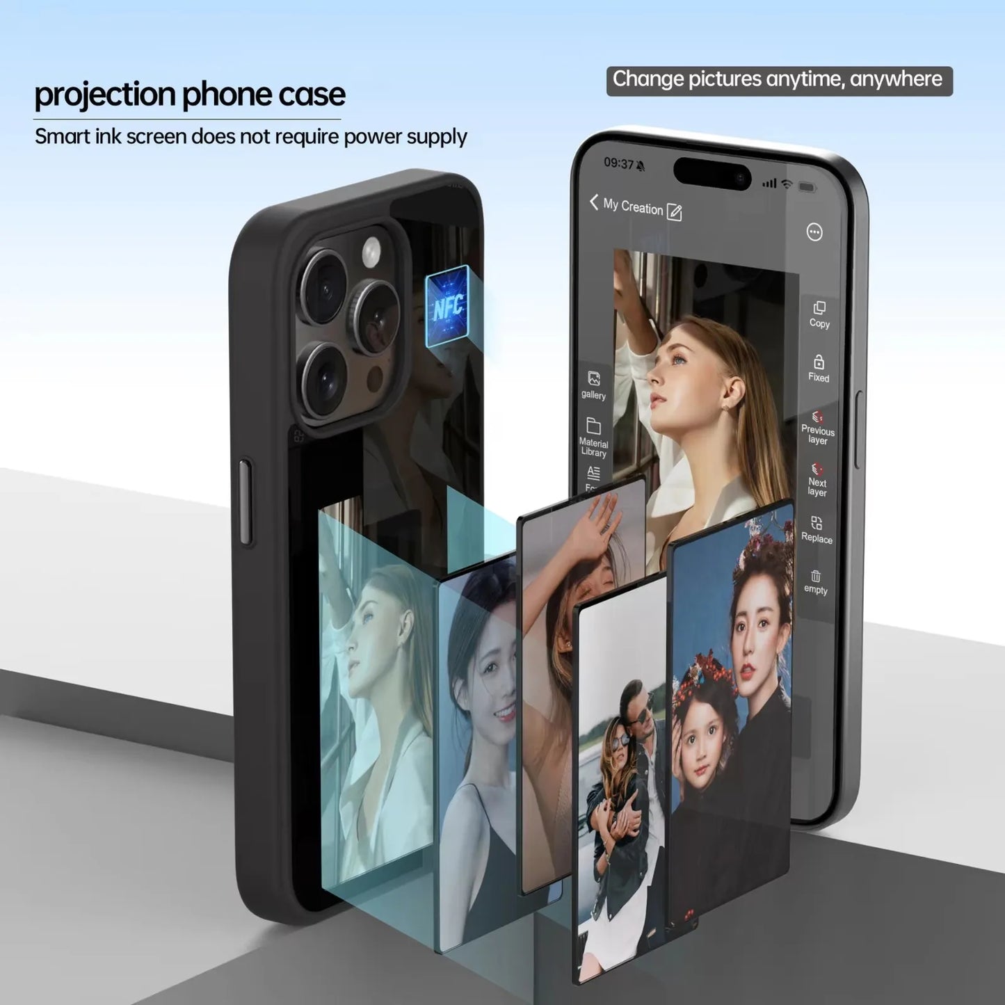 New-Tech NFC Function Phone Case for Iphone 15 14 13 Pro Max DIY Cases E Ink Screen Phone Cover Cartoon Girl Fundas Battery Free