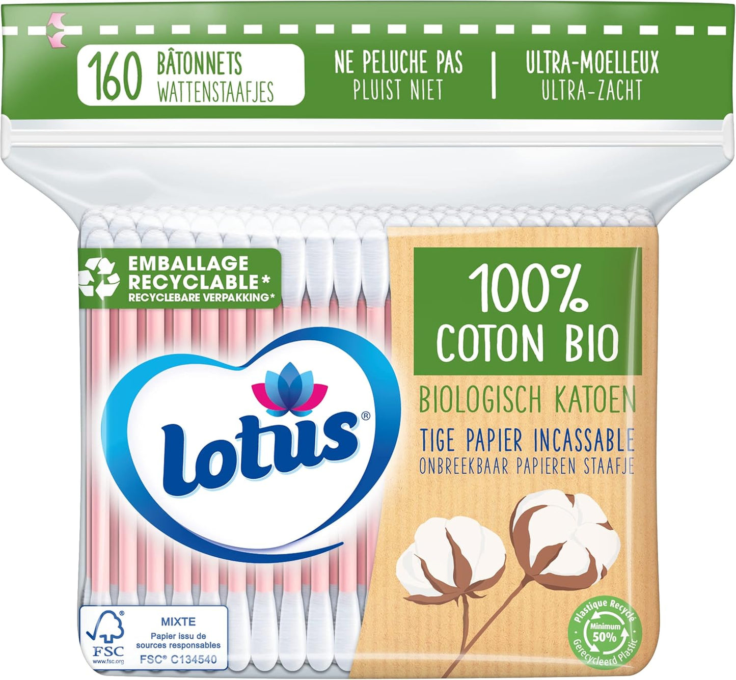 Coton-Tiges En Papier Et Coton Bio - Sachet 160 Bâtonnets