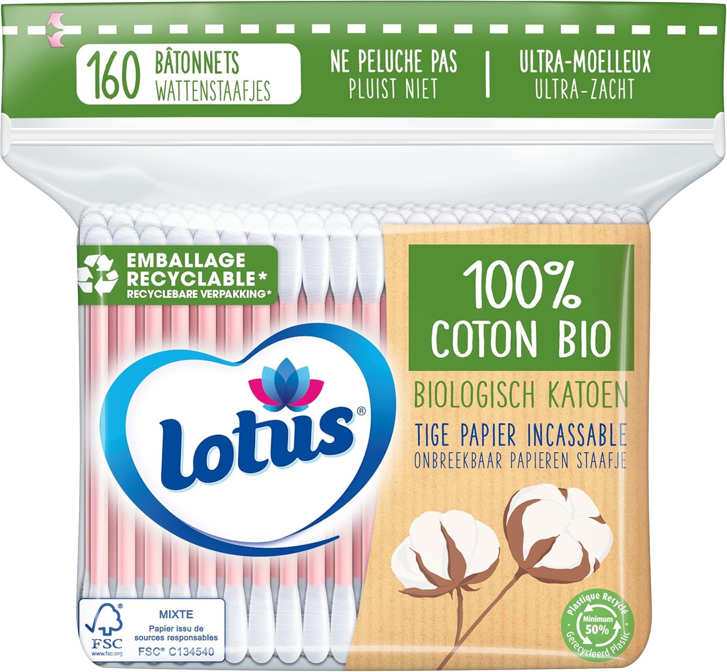 Coton-Tiges En Papier Et Coton Bio - Sachet 160 Bâtonnets